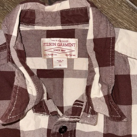 FILSON Shirt Xl Buffalo Plaid Work Shirt Long Sleeve 100% Cotton Brown / White